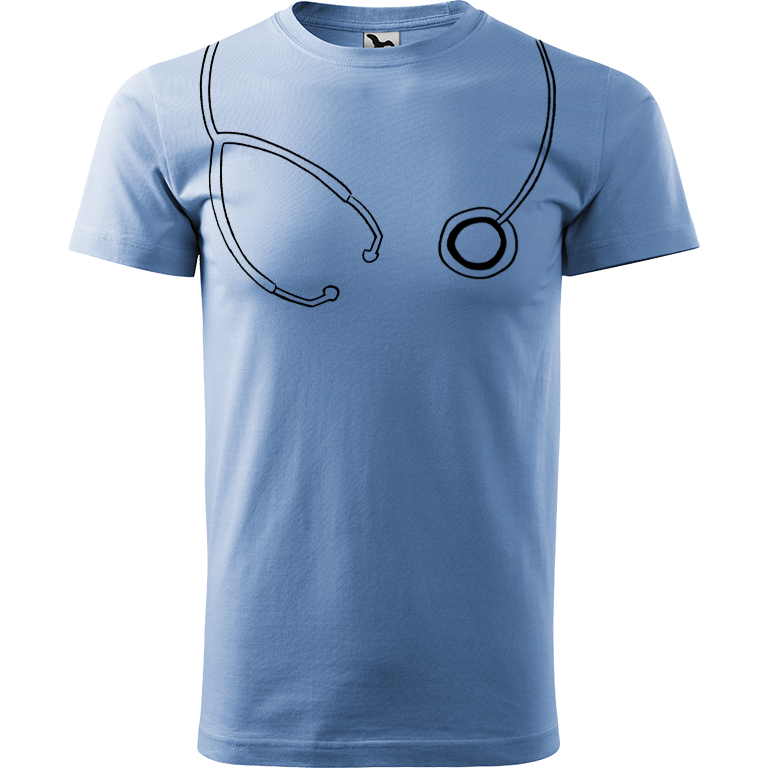 Ručně malované pánské bavlněné tričko - Stetoskop Barva trička: NEBESKY MODRÁ, Velikost trička: XL, Barva motivu: ČERNÁ