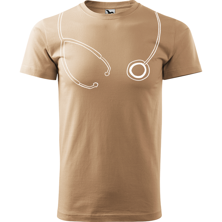 Ručně malované pánské bavlněné tričko - Stetoskop Barva trička: PÍSKOVÁ, Velikost trička: XL, Barva motivu: BÍLÁ