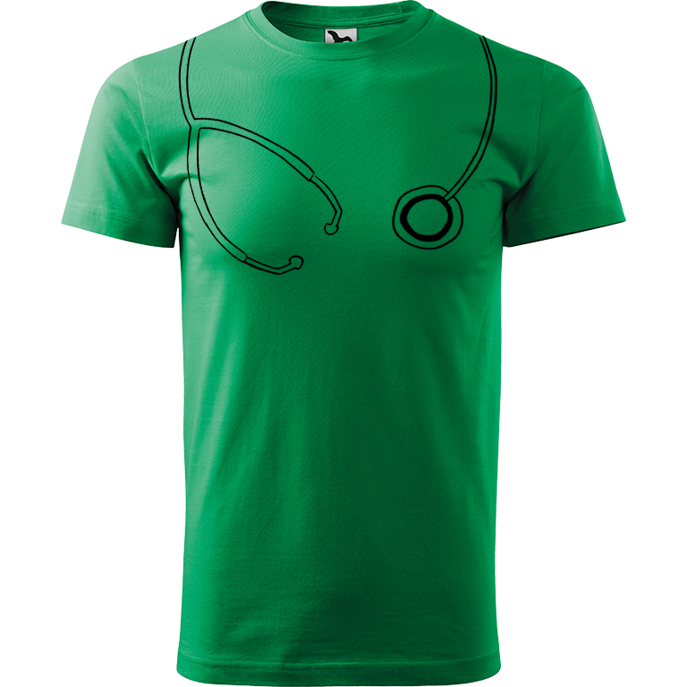 Ručně malované pánské bavlněné tričko - Stetoskop Barva trička: STŘEDNĚ ZELENÁ, Velikost trička: XS, Barva motivu: ČERNÁ