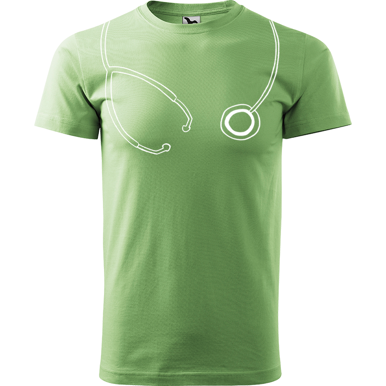 Ručně malované pánské bavlněné tričko - Stetoskop Barva trička: TRÁVOVĚ ZELENÁ, Velikost trička: M, Barva motivu: BÍLÁ