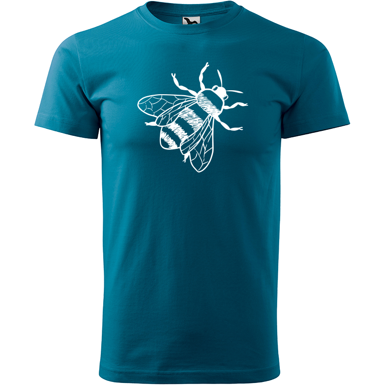 Ručně malované pánské bavlněné tričko - Včela Barva trička: PETROLEJOVÁ, Velikost trička: XL, Barva motivu: BÍLÁ