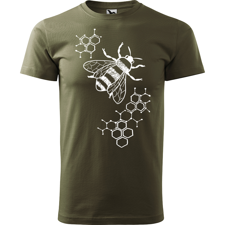 Ručně malované pánské bavlněné tričko - Včela - S plástvemi Barva trička: ARMY, Velikost trička: XL, Barva motivu: BÍLÁ