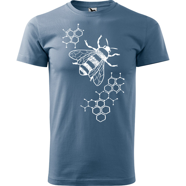 Ručně malované pánské bavlněné tričko - Včela - S plástvemi Barva trička: DENIM, Velikost trička: XS, Barva motivu: BÍLÁ