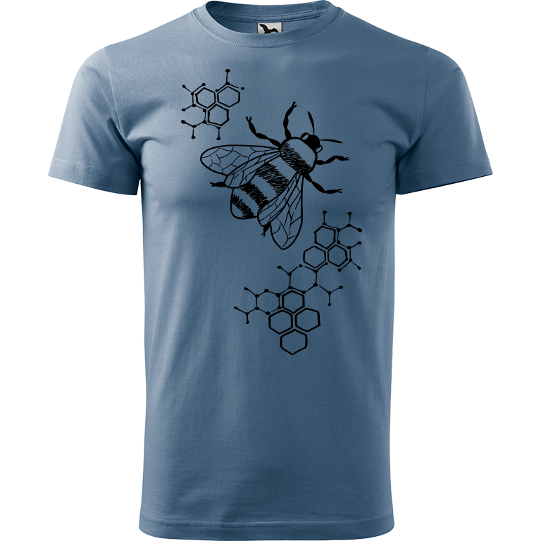 Ručně malované pánské bavlněné tričko - Včela - S plástvemi Barva trička: DENIM, Velikost trička: XL, Barva motivu: ČERNÁ