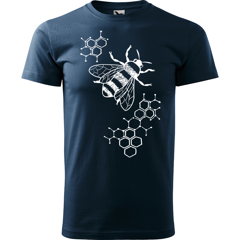 Ručně malované pánské bavlněné tričko - Včela - S plástvemi Barva trička: NÁMOŘNICKÁ MODRÁ, Velikost trička: XS, Barva motivu: BÍLÁ