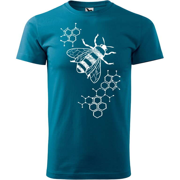 Ručně malované pánské bavlněné tričko - Včela - S plástvemi Barva trička: PETROLEJOVÁ, Velikost trička: L, Barva motivu: BÍLÁ
