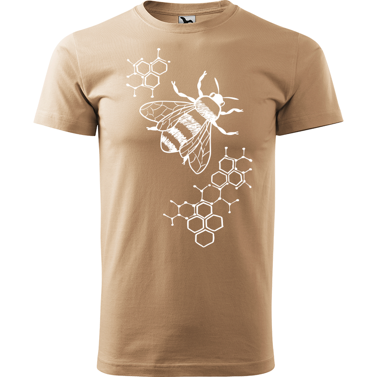 Ručně malované pánské bavlněné tričko - Včela - S plástvemi Barva trička: PÍSKOVÁ, Velikost trička: XL, Barva motivu: BÍLÁ