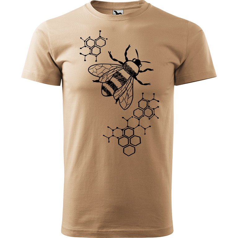 Ručně malované pánské bavlněné tričko - Včela - S plástvemi Barva trička: PÍSKOVÁ, Velikost trička: XL, Barva motivu: ČERNÁ