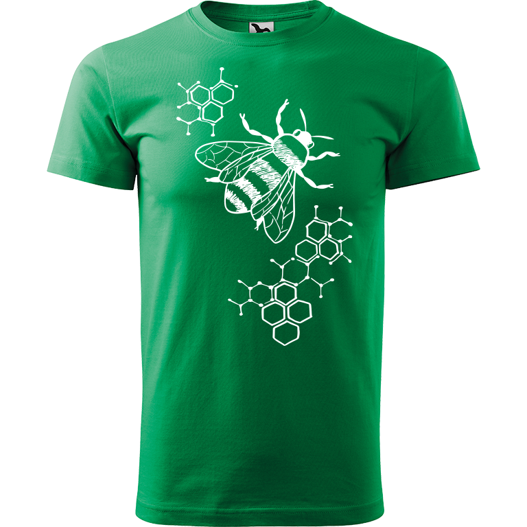 Ručně malované pánské bavlněné tričko - Včela - S plástvemi Barva trička: STŘEDNĚ ZELENÁ, Velikost trička: XL, Barva motivu: BÍLÁ