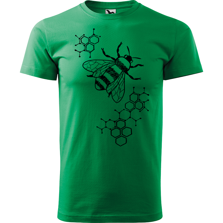 Ručně malované pánské bavlněné tričko - Včela - S plástvemi Barva trička: STŘEDNĚ ZELENÁ, Velikost trička: XS, Barva motivu: ČERNÁ