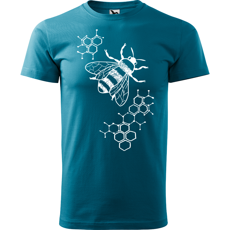 Ručně malované pánské bavlněné tričko - Včela - S plástvemi Barva trička: TMAVĚ TYRKYSOVÁ, Velikost trička: XL, Barva motivu: BÍLÁ