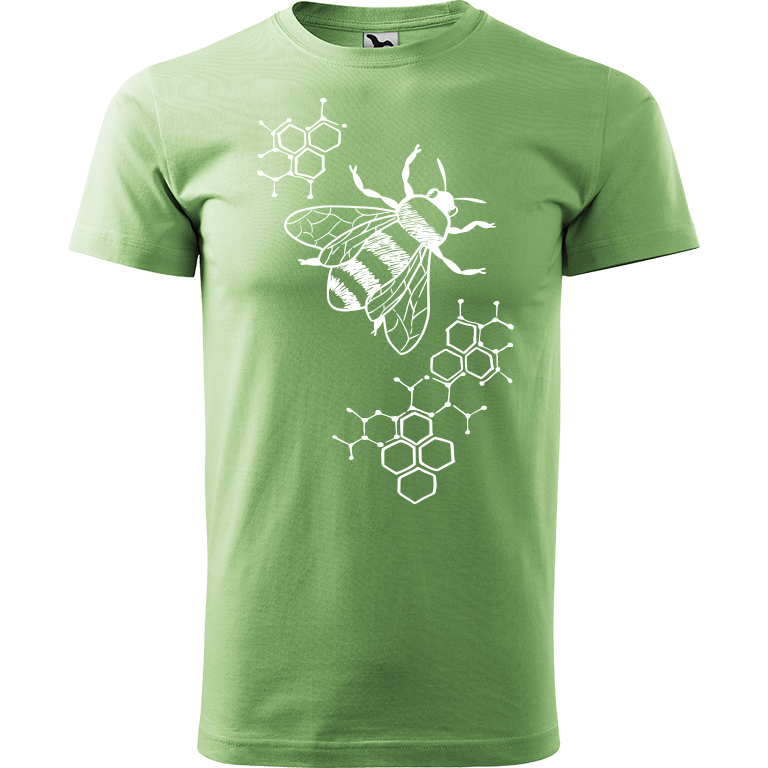 Ručně malované pánské bavlněné tričko - Včela - S plástvemi Barva trička: TRÁVOVĚ ZELENÁ, Velikost trička: XL, Barva motivu: BÍLÁ