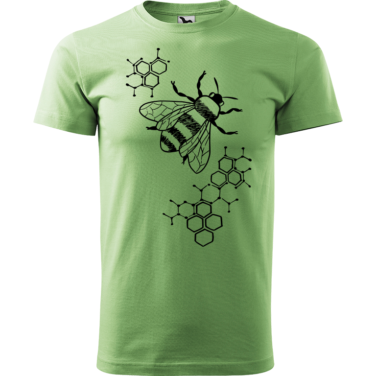 Ručně malované pánské bavlněné tričko - Včela - S plástvemi Barva trička: TRÁVOVĚ ZELENÁ, Velikost trička: M, Barva motivu: ČERNÁ