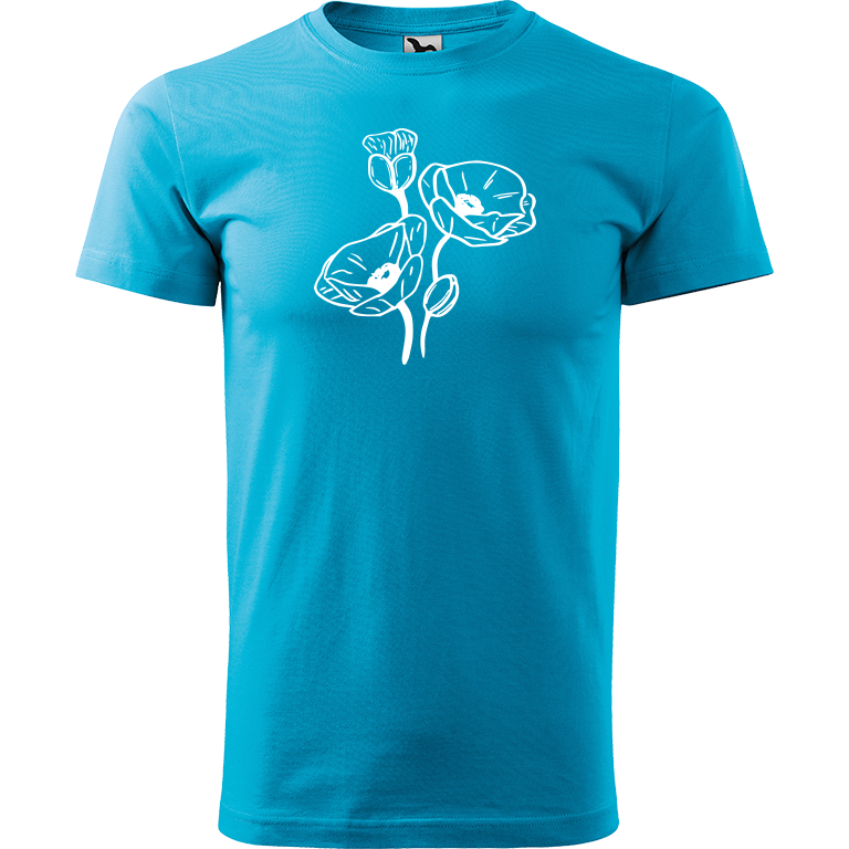 Ručně malované pánské bavlněné tričko - Vlčí máky Barva trička: TYRKYSOVÁ, Velikost trička: XXL, Barva motivu: BÍLÁ