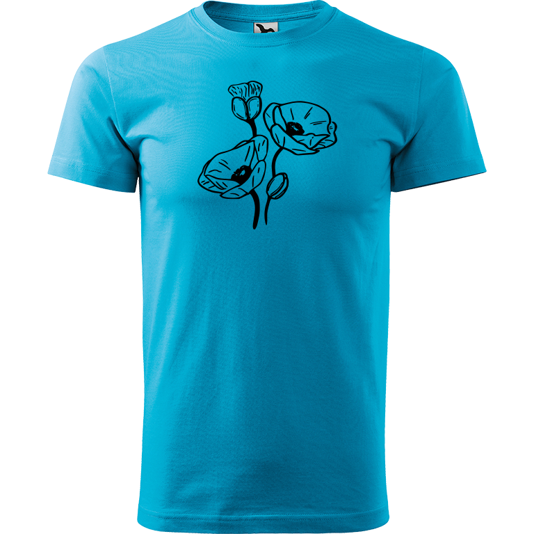 Ručně malované pánské bavlněné tričko - Vlčí máky Barva trička: TYRKYSOVÁ, Velikost trička: XXL, Barva motivu: ČERNÁ