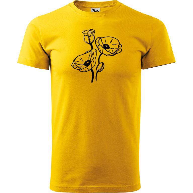 Ručně malované pánské bavlněné tričko - Vlčí máky Barva trička: ŽLUTÁ, Velikost trička: M, Barva motivu: ČERNÁ