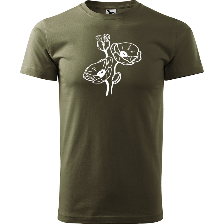 Ručně malované pánské bavlněné tričko - Vlčí máky Barva trička: ARMY, Velikost trička: M, Barva motivu: BÍLÁ
