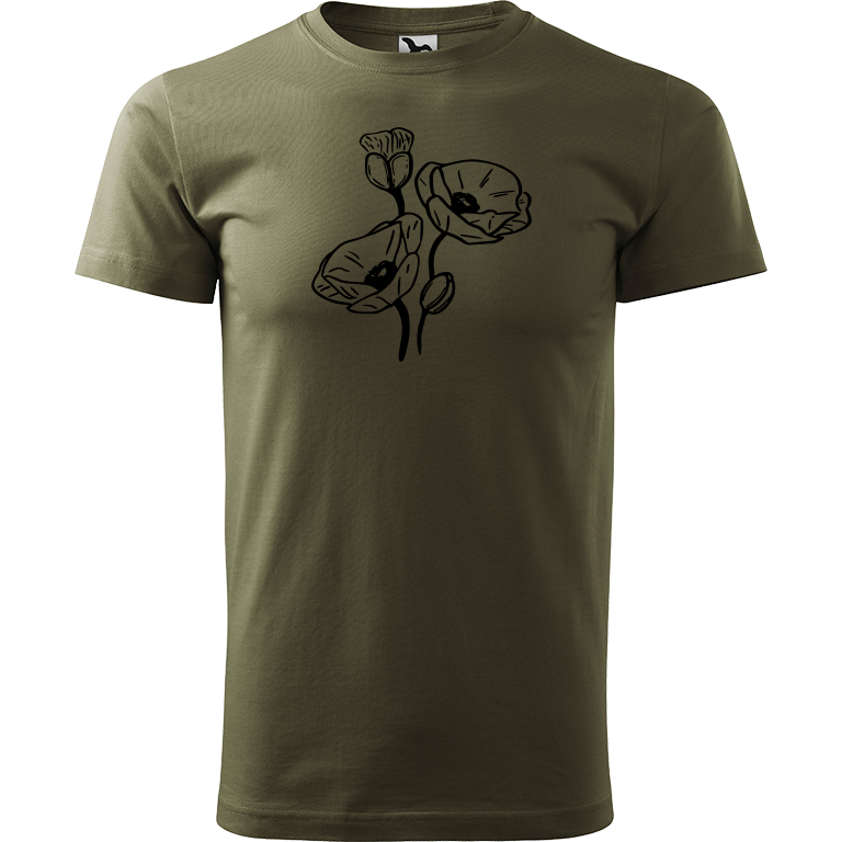 Ručně malované pánské bavlněné tričko - Vlčí máky Barva trička: ARMY, Velikost trička: XL, Barva motivu: ČERNÁ