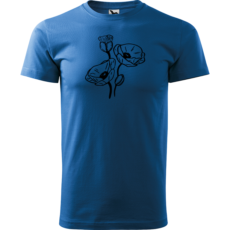Ručně malované pánské bavlněné tričko - Vlčí máky Barva trička: AZUROVÁ, Velikost trička: L, Barva motivu: ČERNÁ