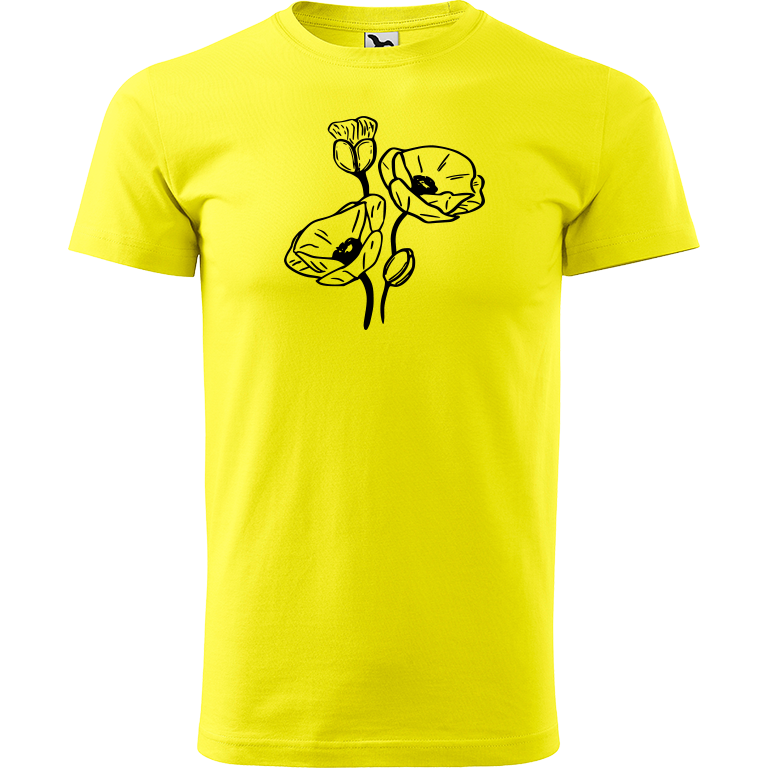 Ručně malované pánské bavlněné tričko - Vlčí máky Barva trička: CITRONOVÁ, Velikost trička: XL, Barva motivu: ČERNÁ