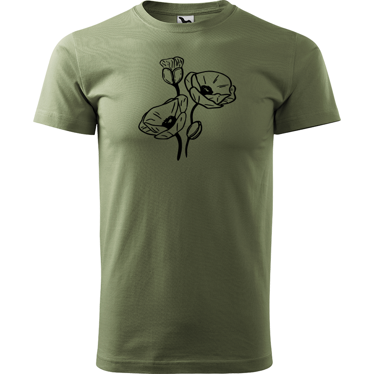 Ručně malované pánské bavlněné tričko - Vlčí máky Barva trička: KHAKI, Velikost trička: L, Barva motivu: ČERNÁ