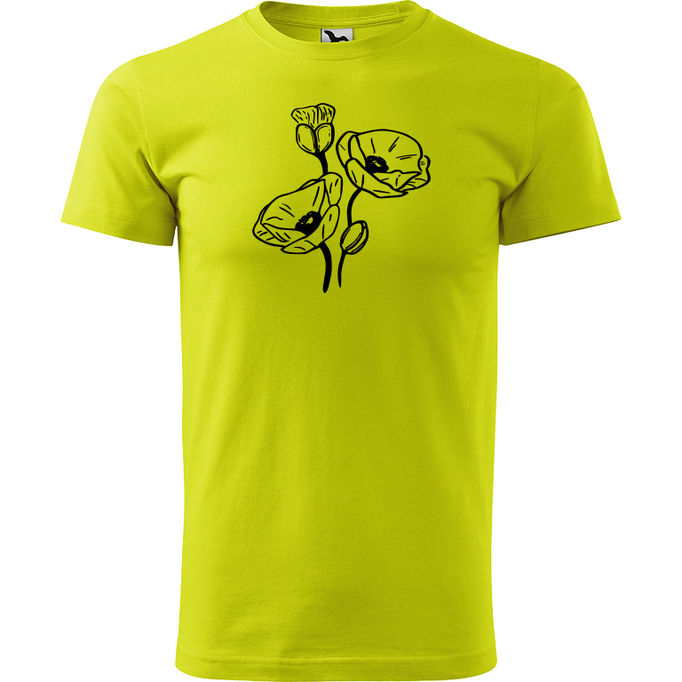 Ručně malované pánské bavlněné tričko - Vlčí máky Barva trička: LIMETKOVÁ, Velikost trička: M, Barva motivu: ČERNÁ