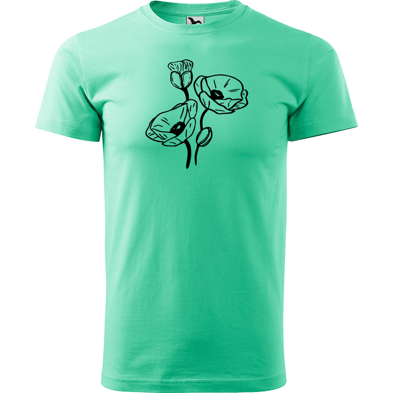 Ručně malované pánské bavlněné tričko - Vlčí máky Barva trička: MÁTOVÁ, Velikost trička: XL, Barva motivu: ČERNÁ