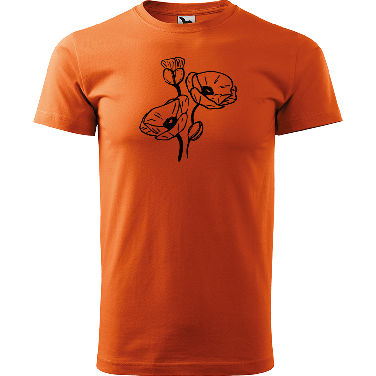 Ručně malované pánské bavlněné tričko - Vlčí máky Barva trička: ORANŽOVÁ, Velikost trička: L, Barva motivu: ČERNÁ