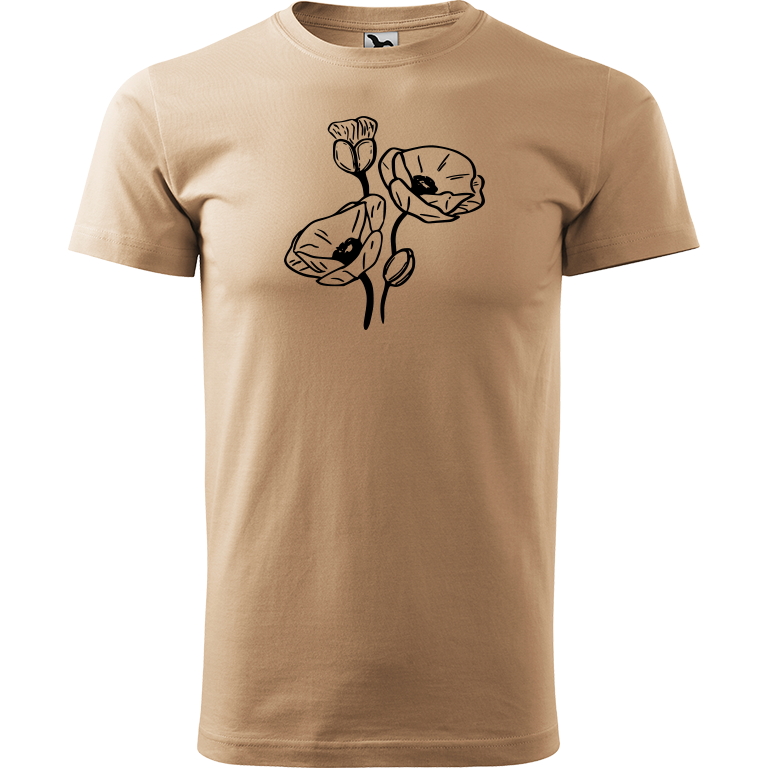 Ručně malované pánské bavlněné tričko - Vlčí máky Barva trička: PÍSKOVÁ, Velikost trička: XL, Barva motivu: ČERNÁ