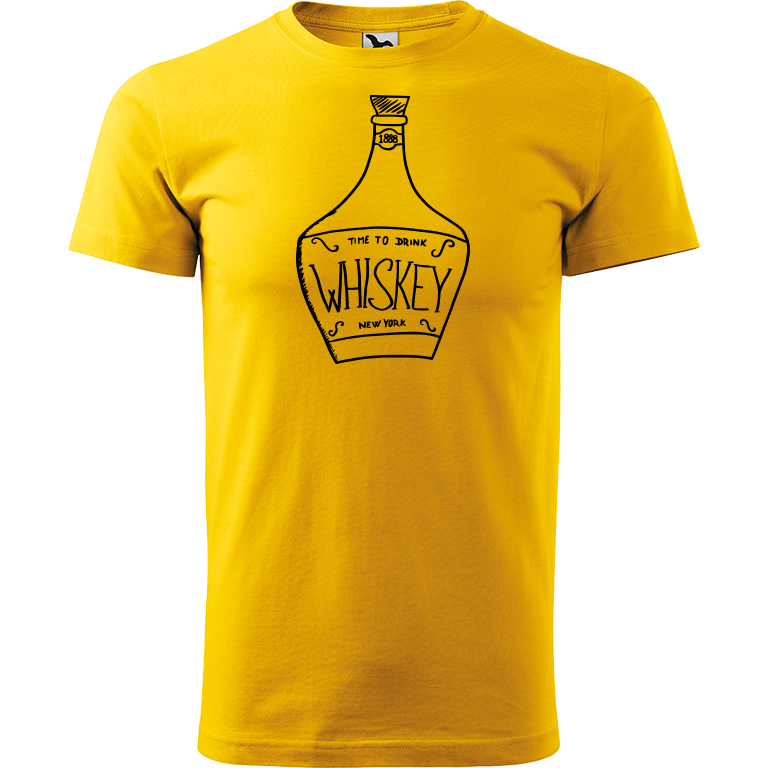 Ručně malované pánské bavlněné tričko - Whiskey Barva trička: ŽLUTÁ, Velikost trička: S, Barva motivu: ČERNÁ