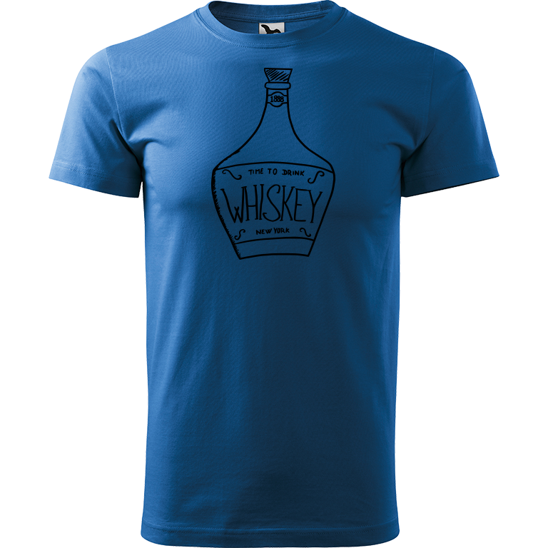 Ručně malované pánské bavlněné tričko - Whiskey Barva trička: AZUROVÁ, Velikost trička: L, Barva motivu: ČERNÁ