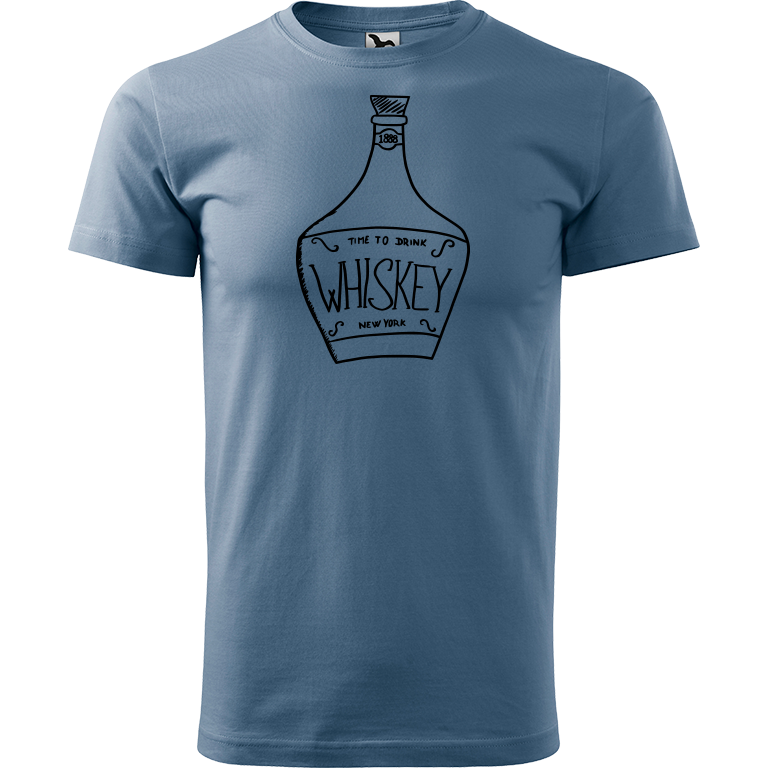 Ručně malované pánské bavlněné tričko - Whiskey Barva trička: DENIM, Velikost trička: XS, Barva motivu: ČERNÁ