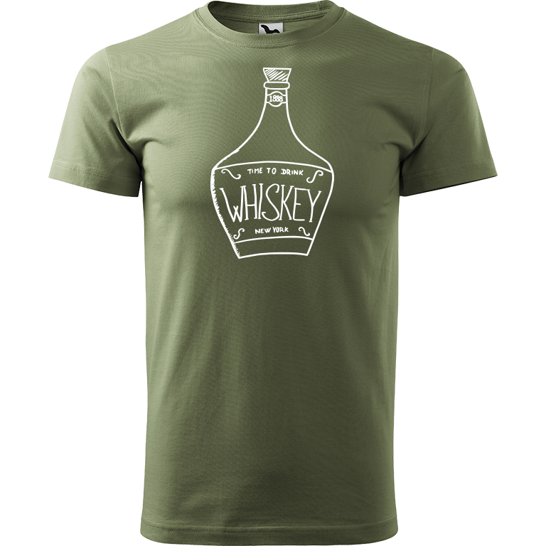 Ručně malované pánské bavlněné tričko - Whiskey Barva trička: KHAKI, Velikost trička: XL, Barva motivu: BÍLÁ
