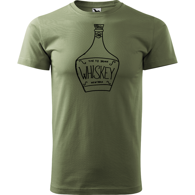 Ručně malované pánské bavlněné tričko - Whiskey Barva trička: KHAKI, Velikost trička: L, Barva motivu: ČERNÁ