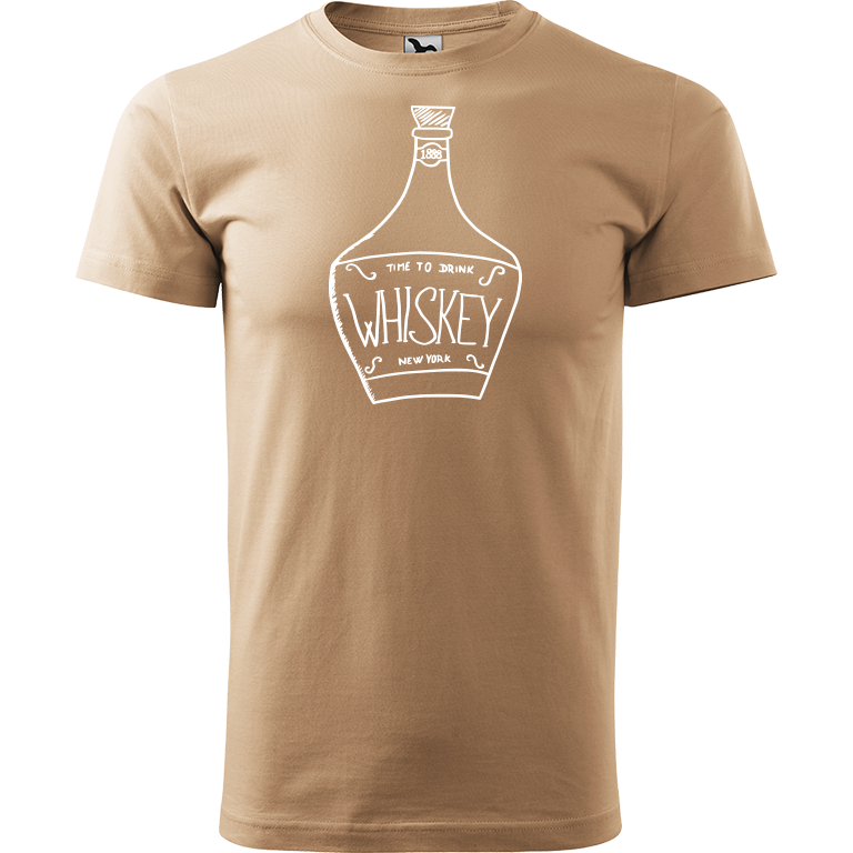 Ručně malované pánské bavlněné tričko - Whiskey Barva trička: PÍSKOVÁ, Velikost trička: XL, Barva motivu: BÍLÁ