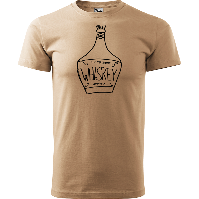 Ručně malované pánské bavlněné tričko - Whiskey Barva trička: PÍSKOVÁ, Velikost trička: XL, Barva motivu: ČERNÁ