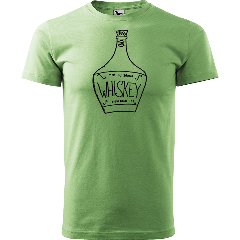 Ručně malované pánské bavlněné tričko - Whiskey Barva trička: TRÁVOVĚ ZELENÁ, Velikost trička: XXL, Barva motivu: ČERNÁ
