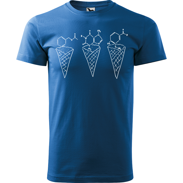 Ručně malované pánské bavlněné tričko - Zmrzliny - Jahoda, čokoláda a vanilka Barva trička: AZUROVÁ, Velikost trička: L, Barva motivu: BÍLÁ