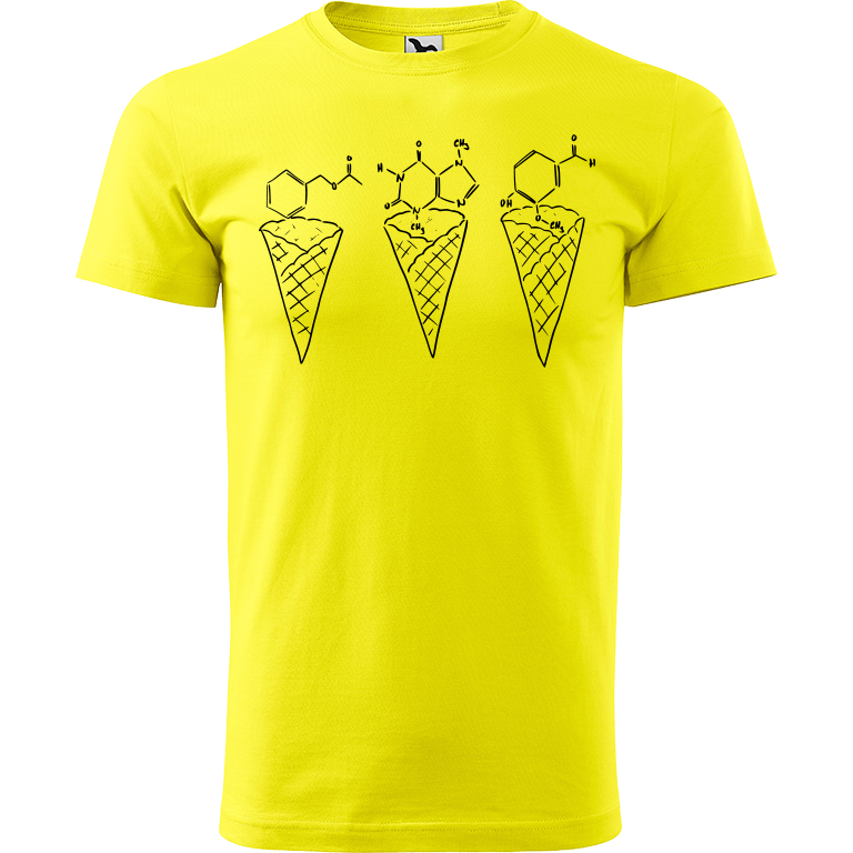 Ručně malované pánské bavlněné tričko - Zmrzliny - Jahoda, čokoláda a vanilka Barva trička: CITRONOVÁ, Velikost trička: L, Barva motivu: ČERNÁ