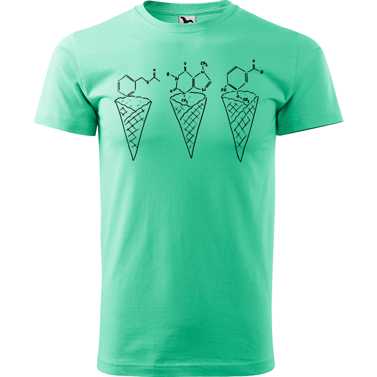 Ručně malované pánské bavlněné tričko - Zmrzliny - Jahoda, čokoláda a vanilka Barva trička: MÁTOVÁ, Velikost trička: M, Barva motivu: ČERNÁ