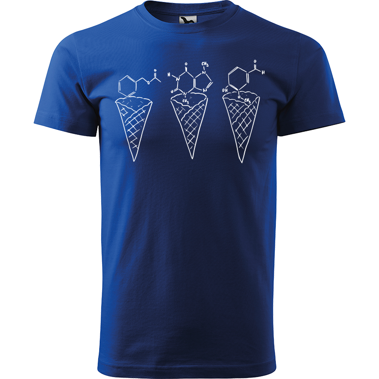 Ručně malované pánské bavlněné tričko - Zmrzliny - Jahoda, čokoláda a vanilka Barva trička: MODRÁ, Velikost trička: XL, Barva motivu: BÍLÁ