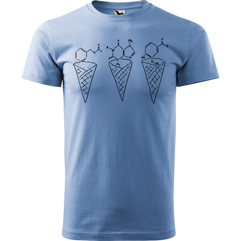 Ručně malované pánské bavlněné tričko - Zmrzliny - Jahoda, čokoláda a vanilka Barva trička: NEBESKY MODRÁ, Velikost trička: M, Barva motivu: ČERNÁ