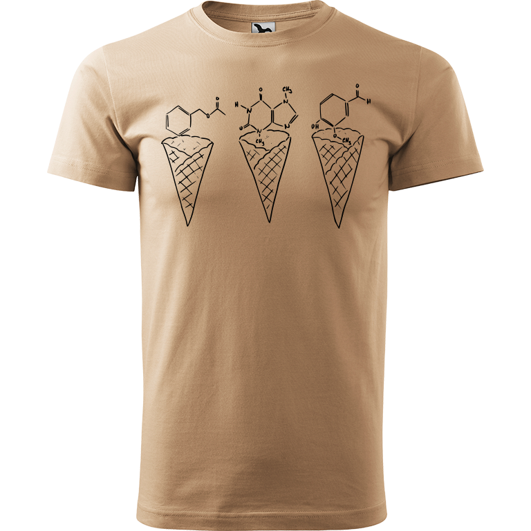 Ručně malované pánské bavlněné tričko - Zmrzliny - Jahoda, čokoláda a vanilka Barva trička: PÍSKOVÁ, Velikost trička: XL, Barva motivu: ČERNÁ
