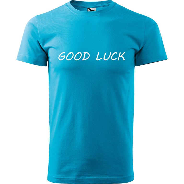 Ručně malované pánské bavlněné tričko - Good Luck Barva trička: TYRKYSOVÁ, Velikost trička: XXL, Barva motivu: BÍLÁ