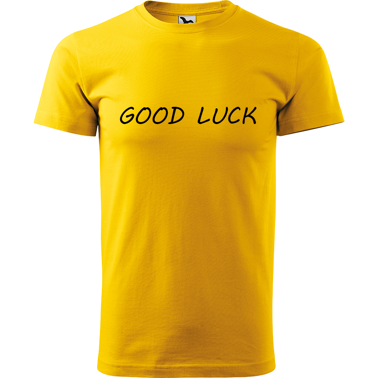 Ručně malované pánské bavlněné tričko - Good Luck Barva trička: ŽLUTÁ, Velikost trička: M, Barva motivu: ČERNÁ