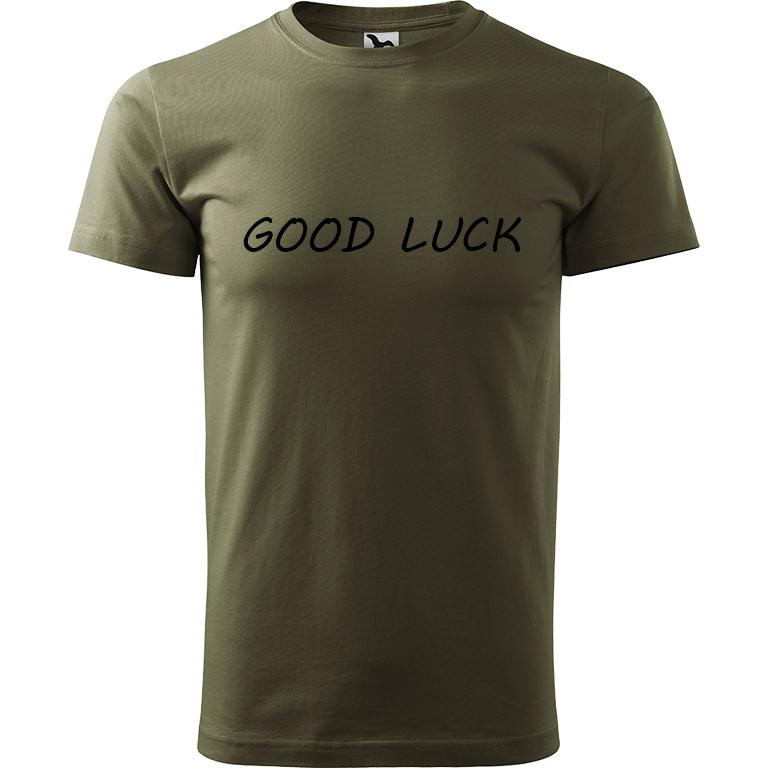 Ručně malované pánské bavlněné tričko - Good Luck Barva trička: ARMY, Velikost trička: XL, Barva motivu: ČERNÁ