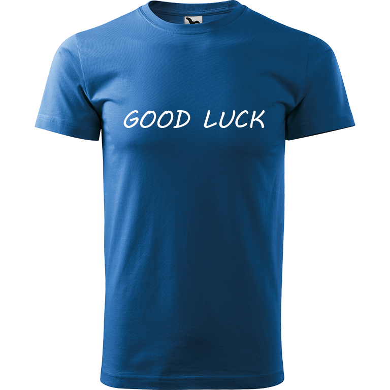 Ručně malované pánské bavlněné tričko - Good Luck Barva trička: AZUROVÁ, Velikost trička: L, Barva motivu: BÍLÁ