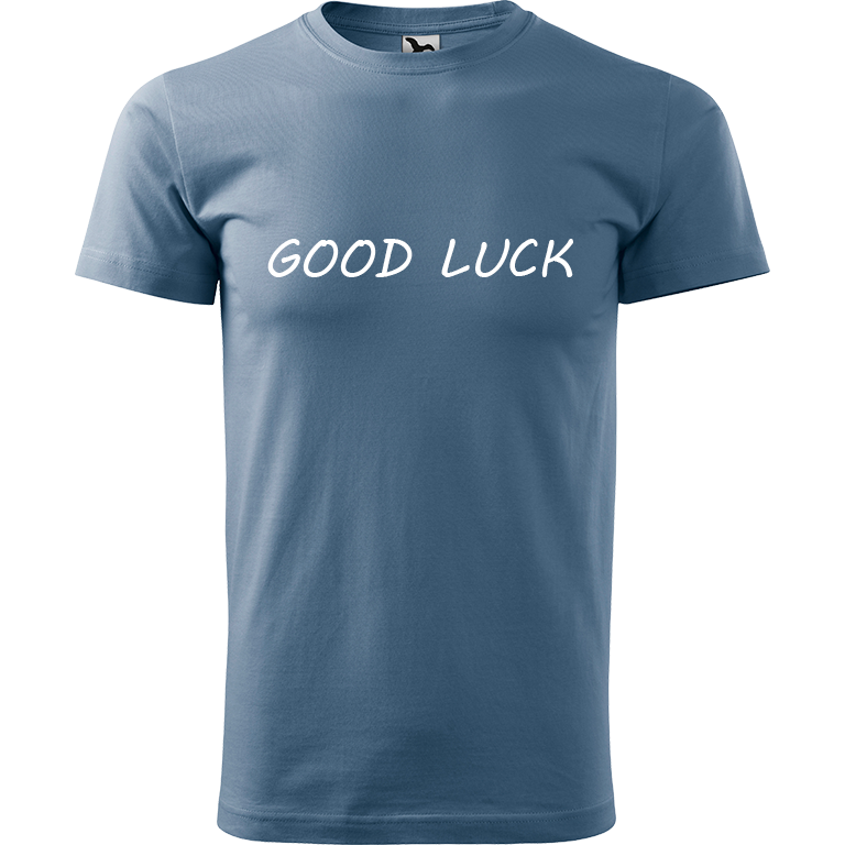 Ručně malované pánské bavlněné tričko - Good Luck Barva trička: DENIM, Velikost trička: XS, Barva motivu: BÍLÁ