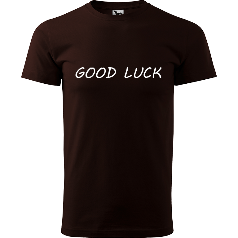 Ručně malované pánské bavlněné tričko - Good Luck Barva trička: KÁVOVÁ, Velikost trička: XL, Barva motivu: BÍLÁ