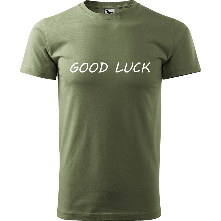 Ručně malované pánské bavlněné tričko - Good Luck Barva trička: KHAKI, Velikost trička: M, Barva motivu: BÍLÁ